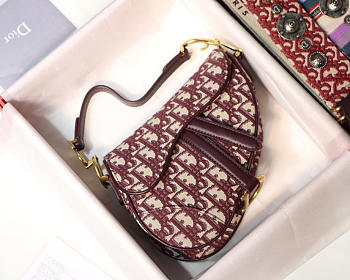 Dior Oblique Jacquard Canvas Calfskin leather Saddle Small Bag in Wine Red