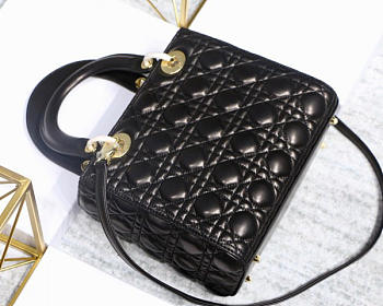 Dior Lady Dior Leather Black Handbag With Gold Hardware