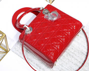 Dior Lady Dior Leather Handbag in Red With Silver Hardware