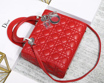 Dior Lady Dior Leather Red Handbag With Silver Hardware