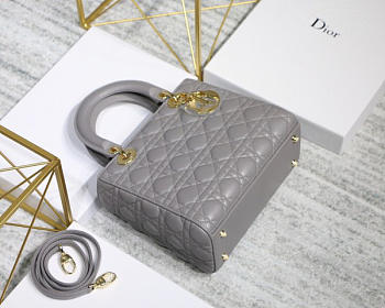 Dior Lady Dior Leather Gray Handbag With Gold Hardware