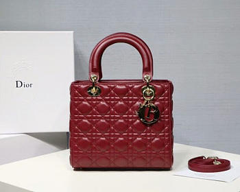 Dior Lady Dior Leather Wine Red Handbag With Gold Hardware