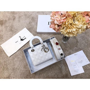 Dior Lady Dior Leather Lambskin White Handbag with Silver Hardware