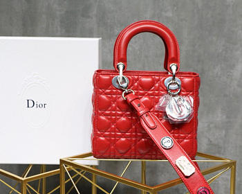 Dior Lady Dior Leather Lambskin Red Handbag with Silver Hardware