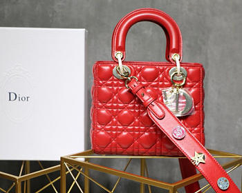 Dior Lady Dior Leather Lambskin Red Handbag with Gold Hardware