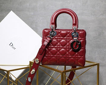 Dior Lady Dior Leather Lambskin Wine Red Handbag with Silver Hardware
