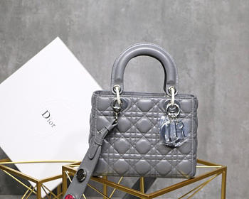 Dior Lady Dior Leather Lambskin Gray Handbag with Silver Hardware