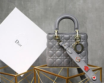 Dior Lady Dior Leather Lambskin Gray Handbag with Gold Hardware
