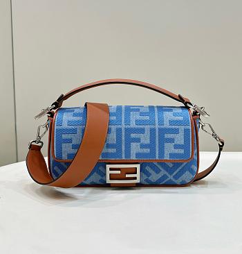 Fendi Blue Baguette Ff Embroidered Denim Tote Bag - 27cm