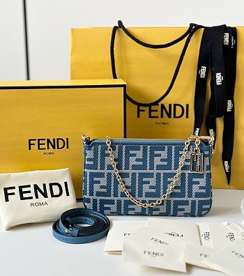 Fendi Baguette Pouch Blue denim-effect FF jacquard charm pouch with chain - 20cm