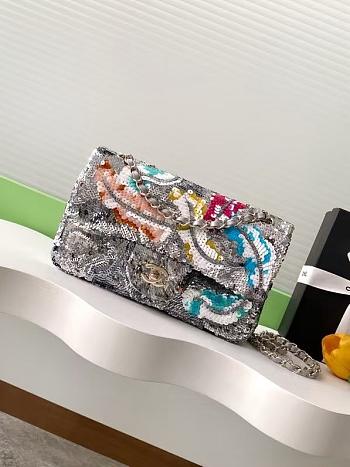 Chanel classic embroidered satin sequins silver tone metal - 25.5x15.5x6.5cm