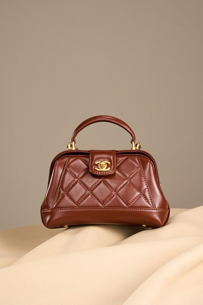 Chanel Mini Bag With Top Handle Shiny Lambskin Brown 18cm - 1