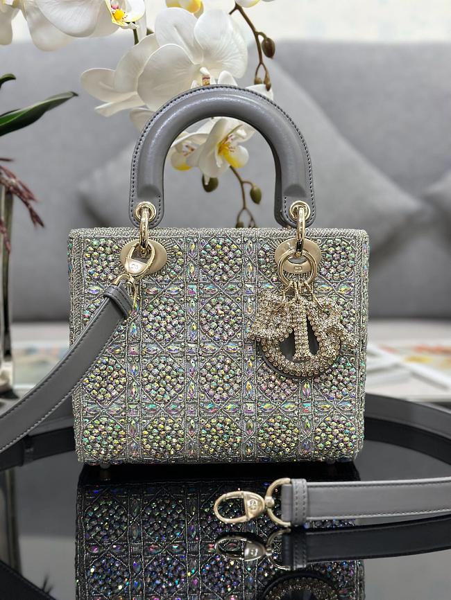 Dior Light Grey Leather and Satin Crystal Embellished Cannage Small Lady Dior Tote - 20x16.5x8cm - 1