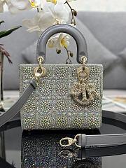 Dior Light Grey Leather and Satin Crystal Embellished Cannage Small Lady Dior Tote - 20x16.5x8cm - 1