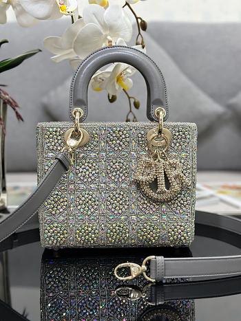 Dior Light Grey Leather and Satin Crystal Embellished Cannage Small Lady Dior Tote - 20x16.5x8cm