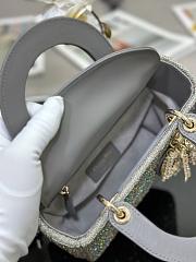 Dior Light Grey Leather and Satin Crystal Embellished Cannage Small Lady Dior Tote - 20x16.5x8cm - 6