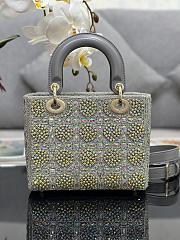 Dior Light Grey Leather and Satin Crystal Embellished Cannage Small Lady Dior Tote - 20x16.5x8cm - 3