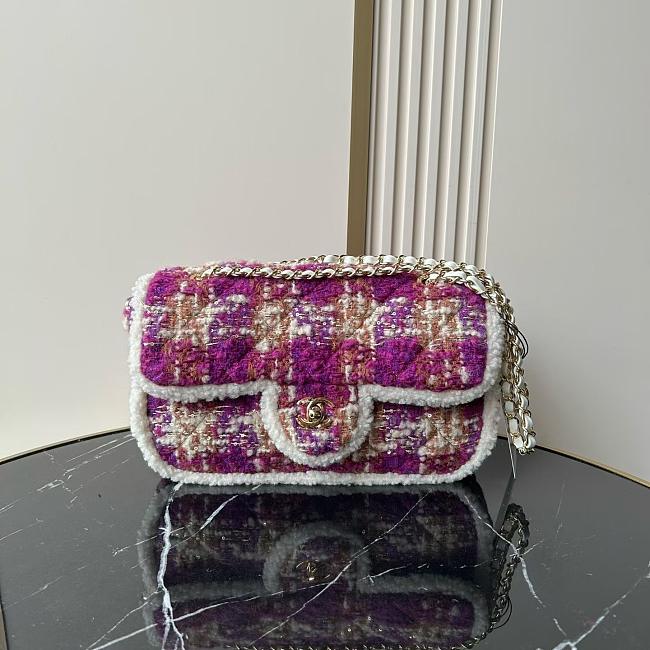 Chanel 25N large flap bag purple tweed shearling lambskin gold tone metal - 26.5x16.5x9cm - 1