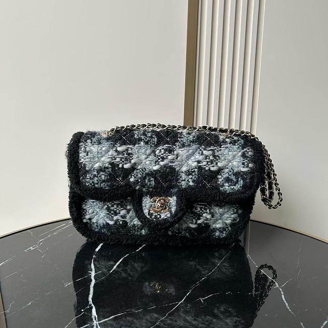 Chanel 25N large flap bag black tweed shearling lambskin gold tone metal - 26.5x16.5x9cm - 1