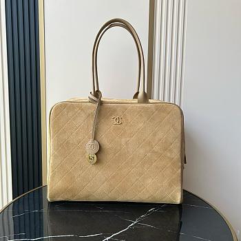 Chanel Large Boston Beige Suede Handbag - 41x31x19cm