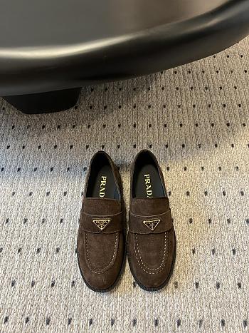 Prada chocolate brown suede triangle-logo loafers