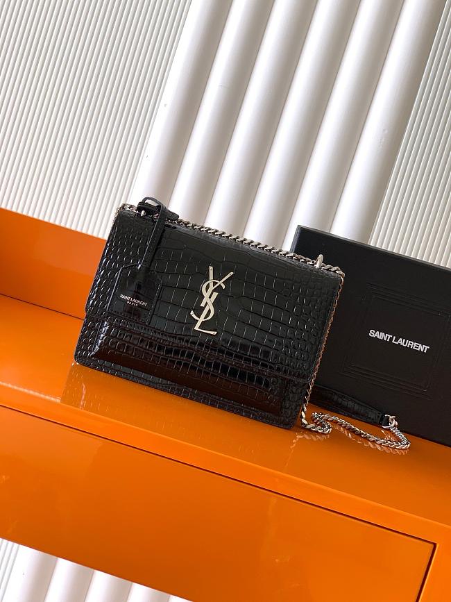 YSL Sunset Crocodile Black Bag with Silver Hardware 22cm - 1