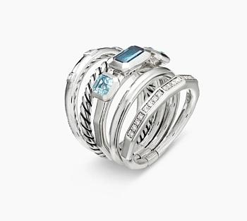 David Yurman Stax Wide Blue Topaz & Diamond Ring