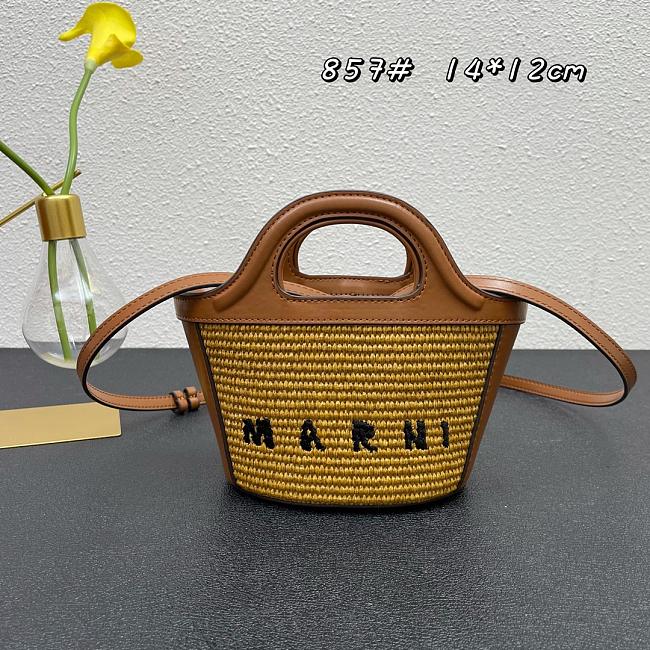  Tropicalia Small Bag in brown leather and raffia-effect fabric 14.5x12x10cm - 1