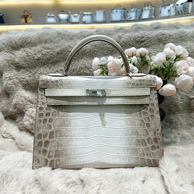 Hermès White Matte Niloticus Crocodile Himalaya Kelly  Retourne 18K White Gold and Diamond Hardware 32cm - 1