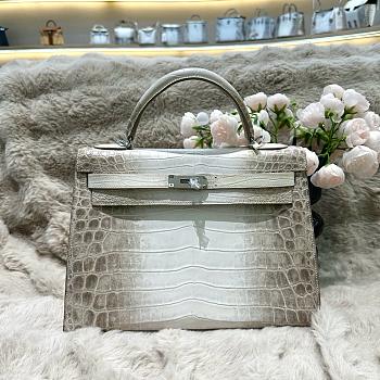 Hermès White Matte Niloticus Crocodile Himalaya Kelly  Retourne 18K White Gold and Diamond Hardware 32cm